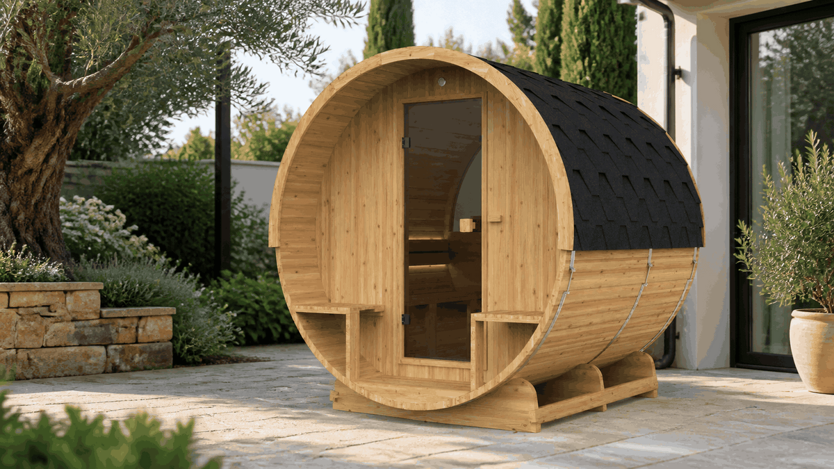 Sauna extérieur Barrel 210 installé dans un jardin paysagé