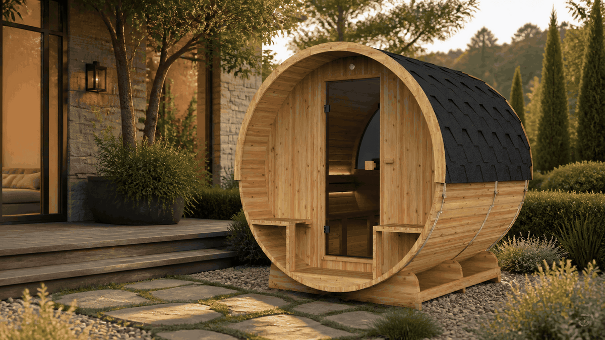 Sauna extérieur Barrel 250 installé dans un jardin paysagé
