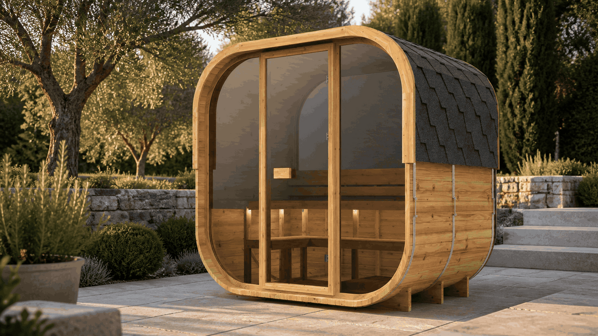 Sauna extérieur Cube 160 installé sur une terrasse paysagée
