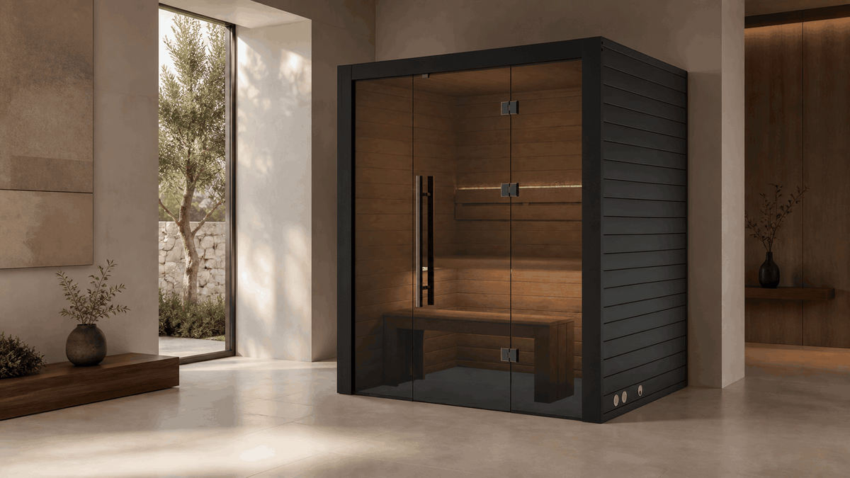 Sauna intérieur Nero 160 installé dans un espace bien-être résidentiel contemporain