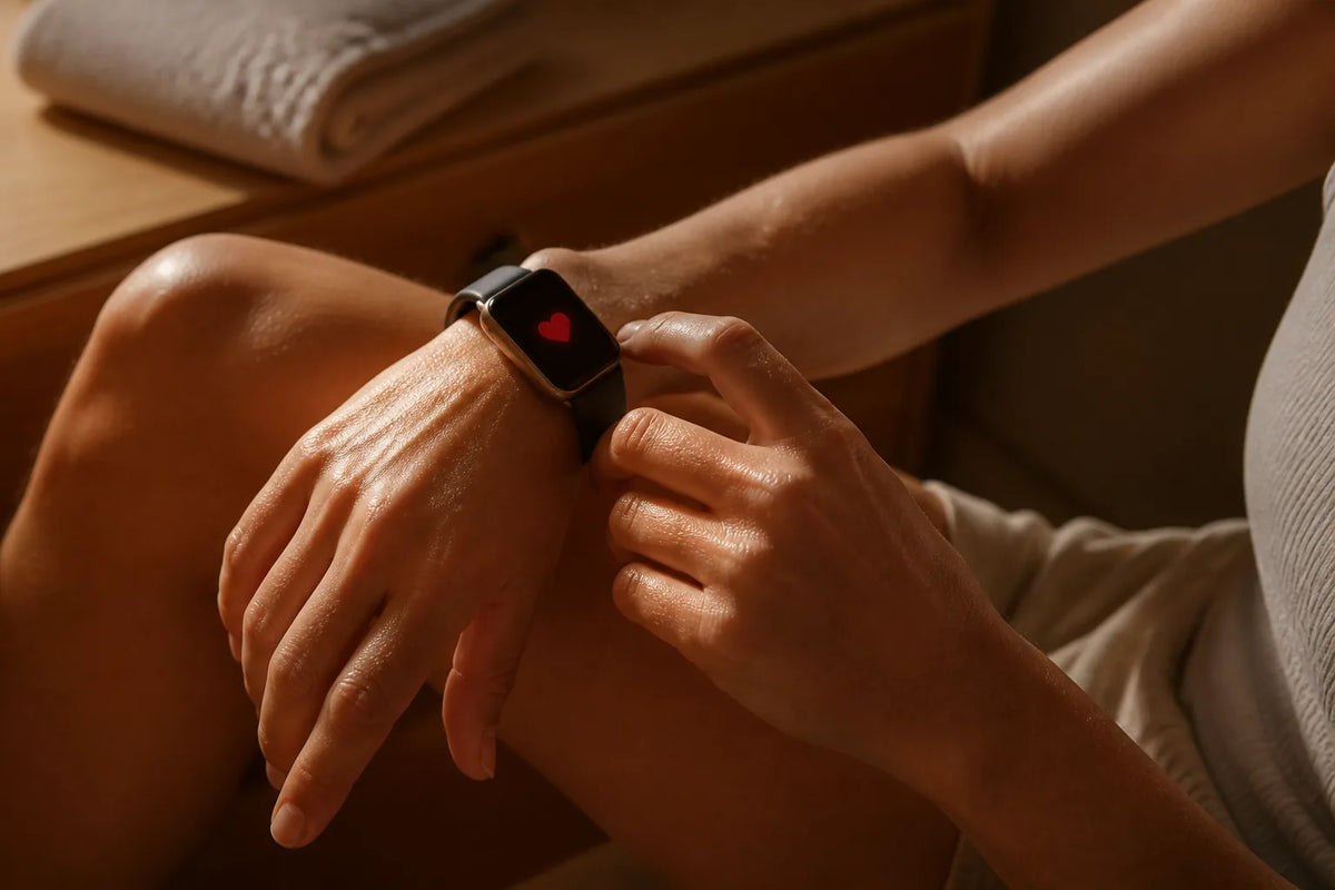 Infrared 130 - Sauna infrarouge 2 places avec un gros plan de montre connectée affichant seulement un symbole de cœur rouge