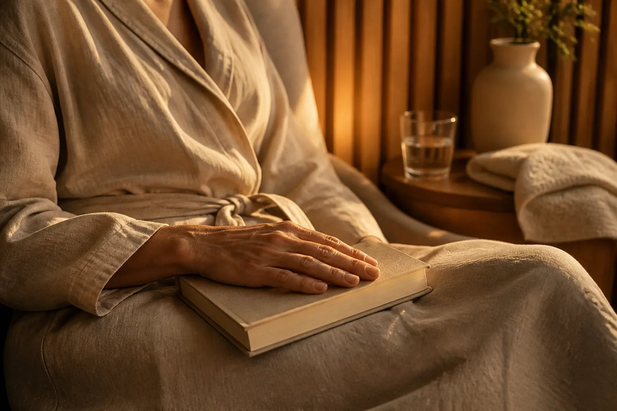 Infrared 130 - Sauna infrarouge 2 places en lumière du soir avec un peignoir et un livre pour la transition vers le repos