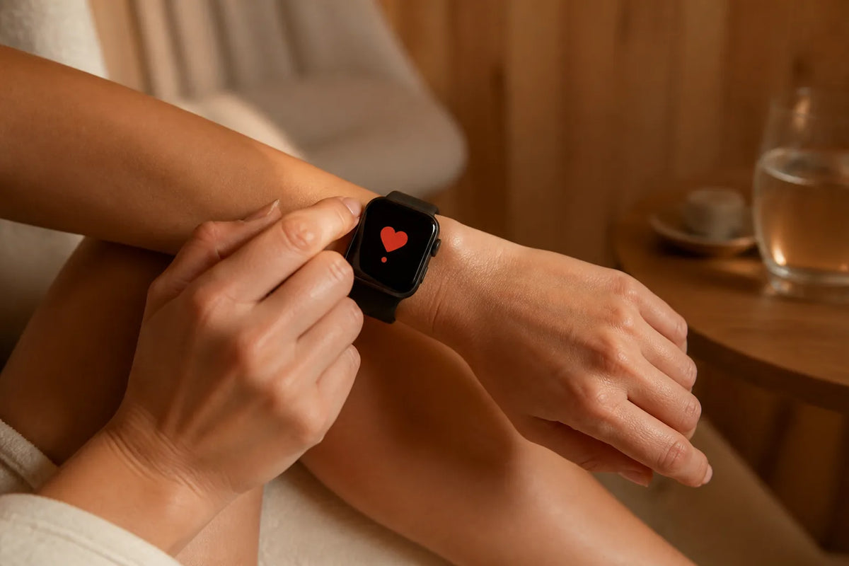 Infrared 160 - Sauna infrarouge 2 places grand format avec un gros plan de montre connectée affichant seulement un symbole de cœur rouge