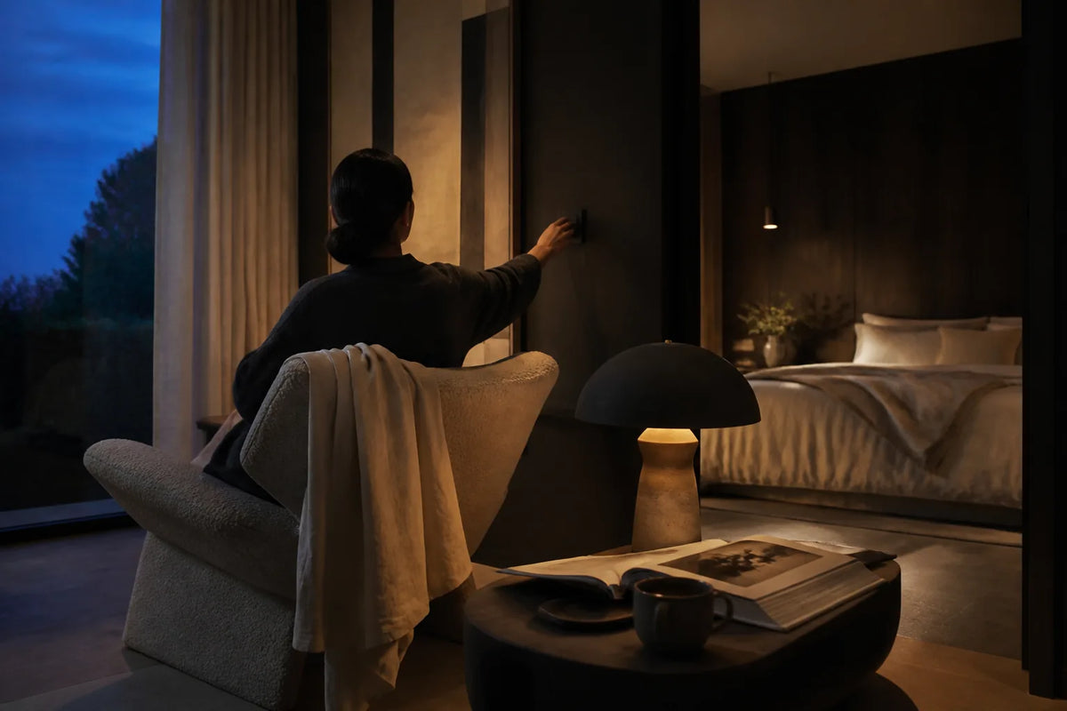 Nero 160 - Sauna intérieur 2-3 places en lumière du soir avec un peignoir et un livre pour la transition vers le repos