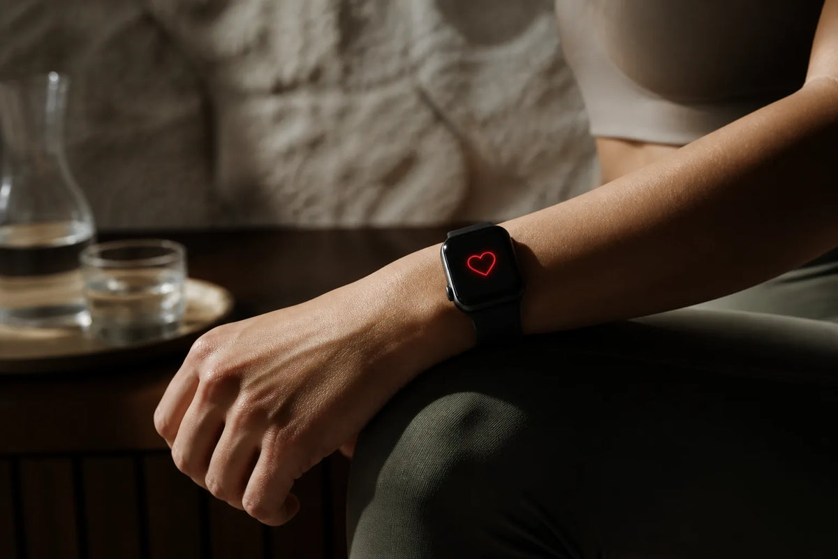 Nero 220 - Sauna intérieur 6 places avec un gros plan de montre connectée affichant seulement un symbole de cœur rouge