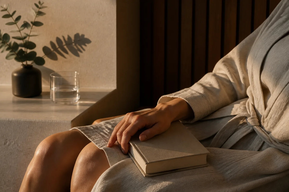 Nero 220 - Sauna intérieur 6 places en lumière du soir avec un peignoir et un livre pour la transition vers le repos
