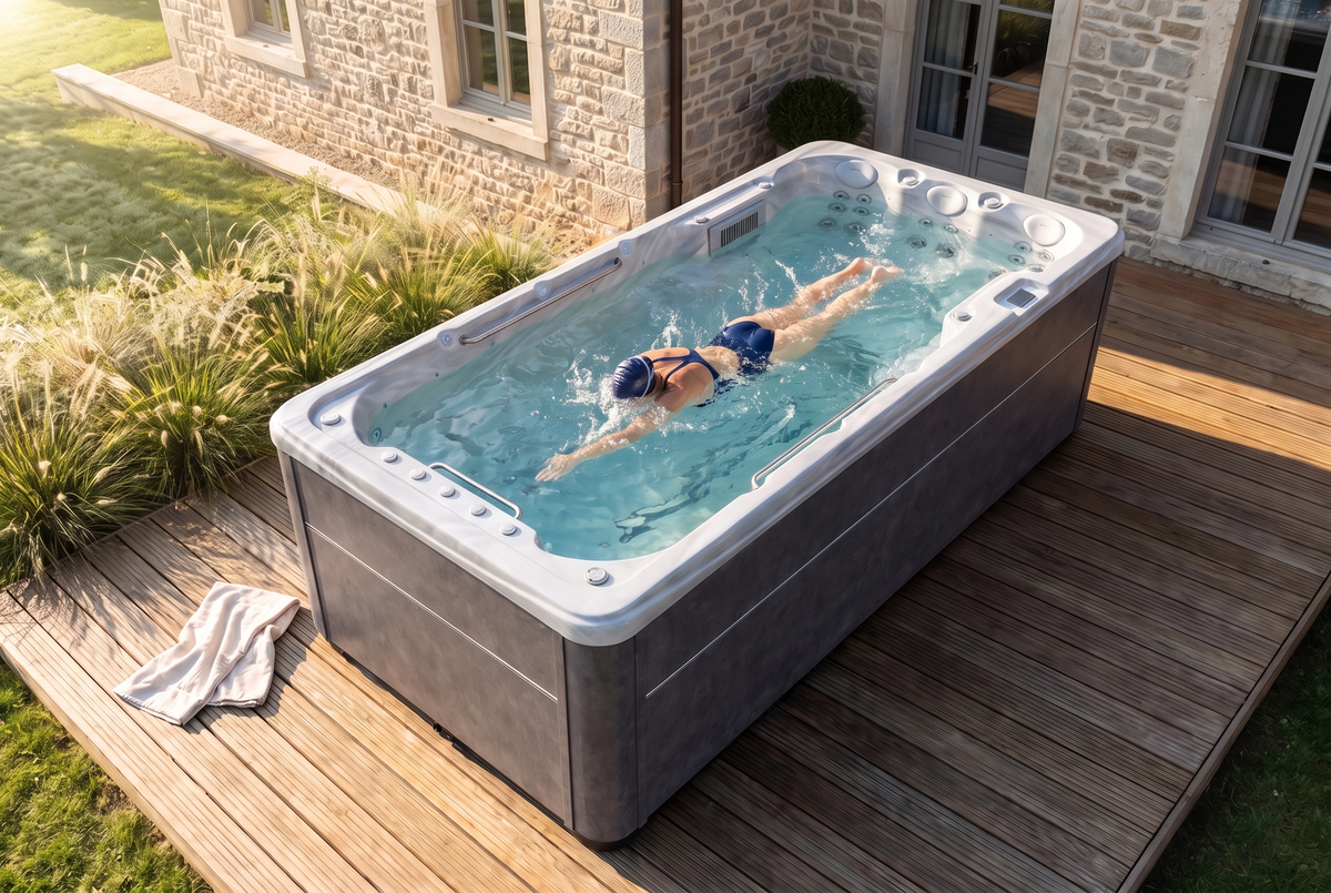 Une nageuse fait face aux jets à contre-courant du SwimFlow Odyssey sur une terrasse en bois.