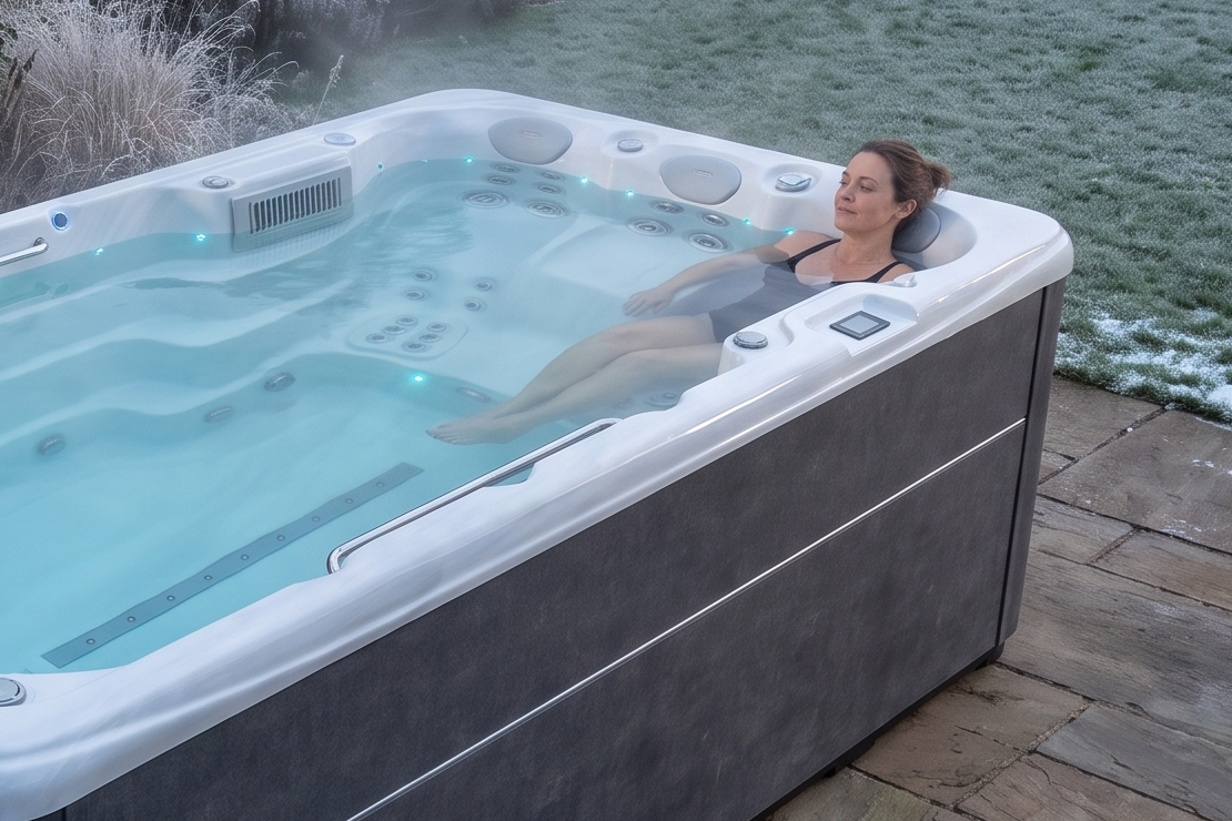 Une femme se détend dans une place de massage du SwimFlow Sterling Marble, par une soirée d’hiver.