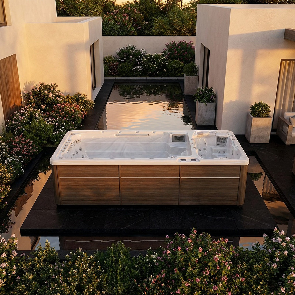 SwimFusion Silver Marble sur une terrasse fleurie, le soir