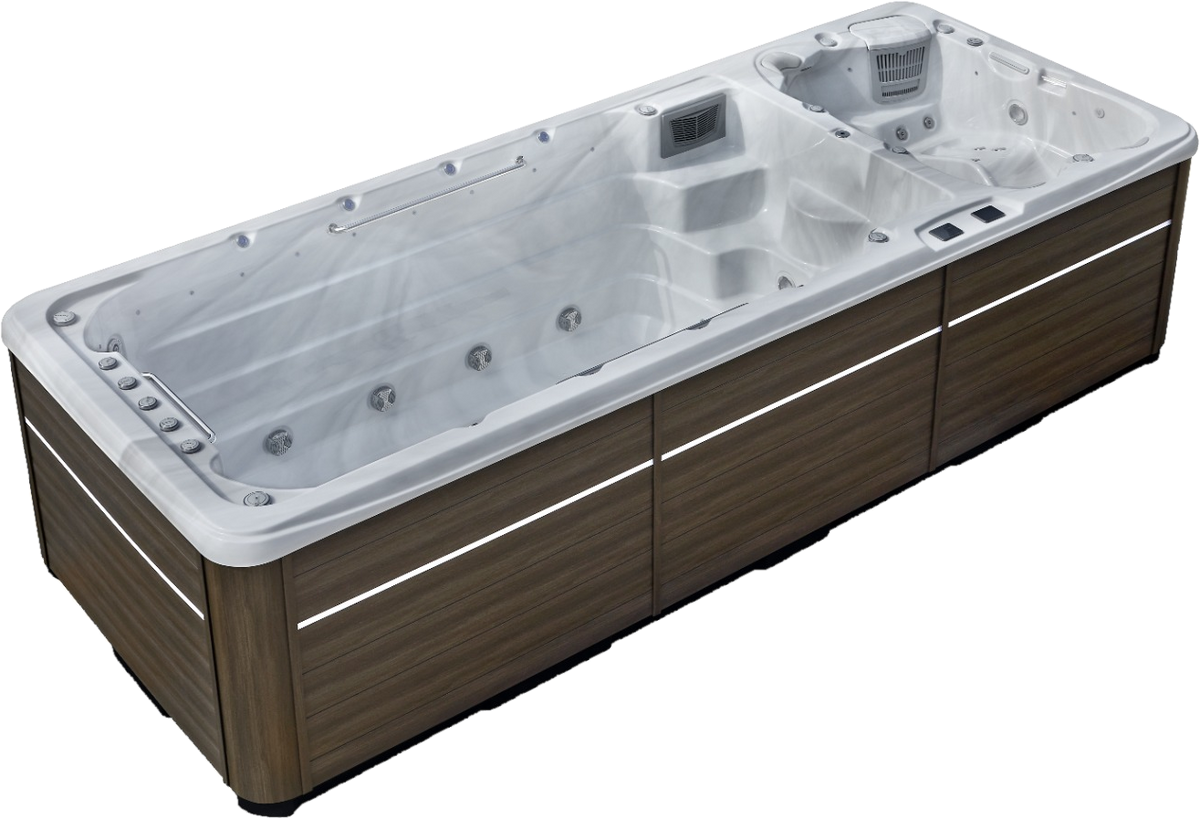 Spa de nage SwimFusion Silver Marble, vue de trois quarts, habillage Brownwood