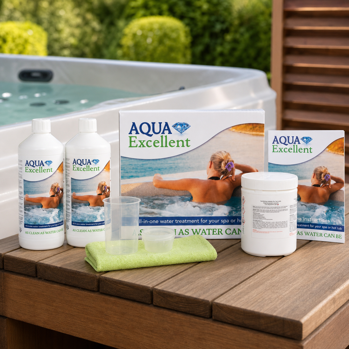 Pack Aqua Excellent 4 mois présenté au bord d’un spa