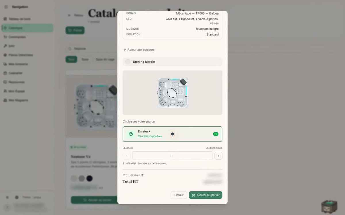 Espace revendeur marketspas.pro : fiche d'un spa avec ses caractéristiques et ses finitions