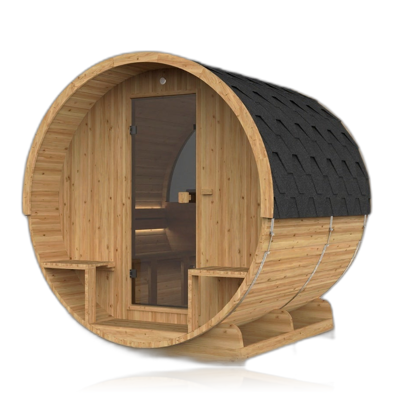 Barrel 210, sauna NODO, vue 1, posé au sol