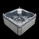 Spa Volcano 5 places, coloris Midnight Opal noir, vue de trois quarts avec habillage bois